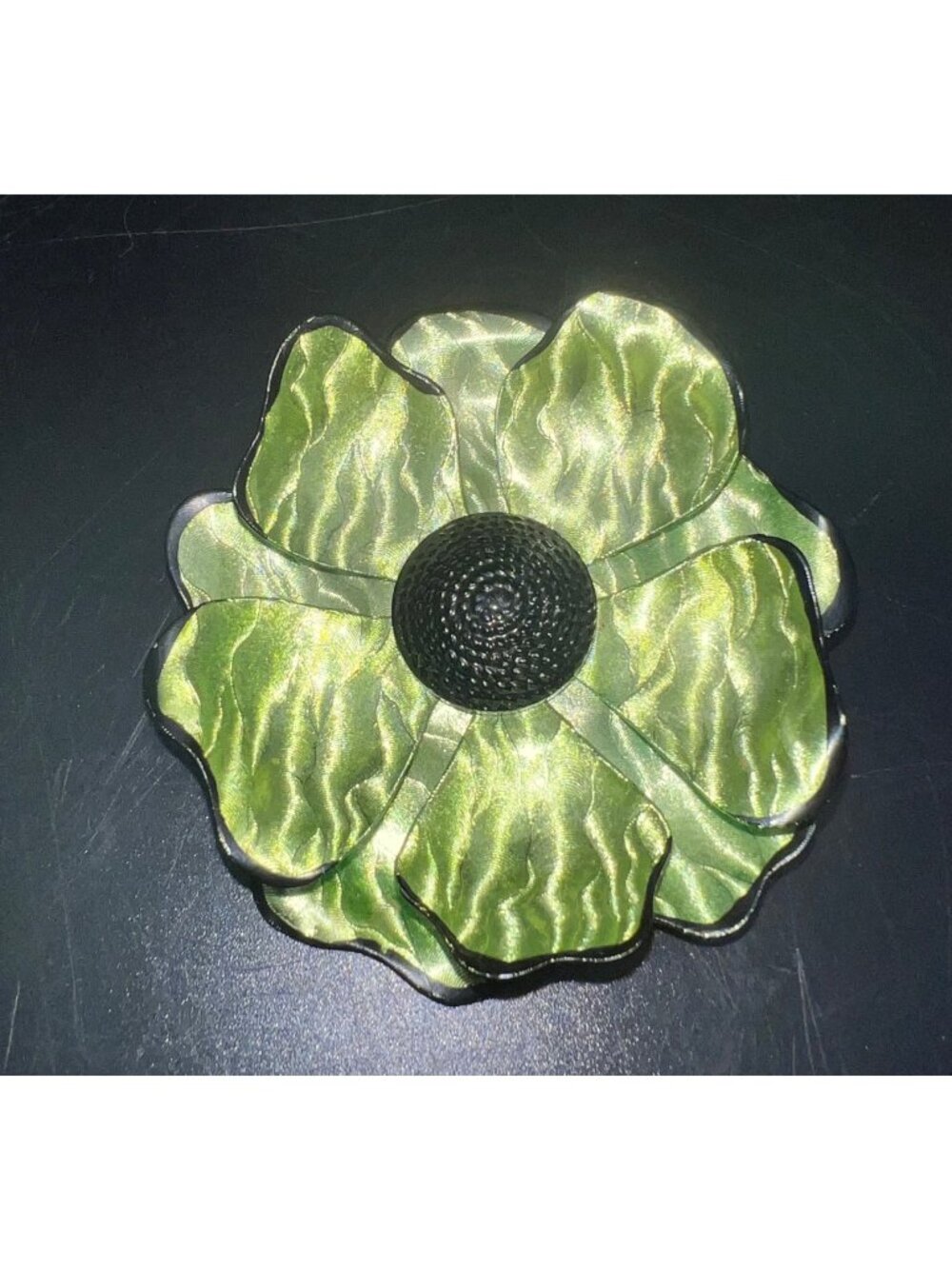 Green Metallic Flower Brooch Black Center Layered Petal Design Statement Mod VTG